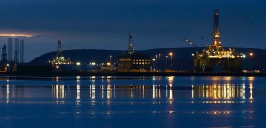 Drilling rigs are parked up in the Cromarty Firth near Invergordon, Scotland